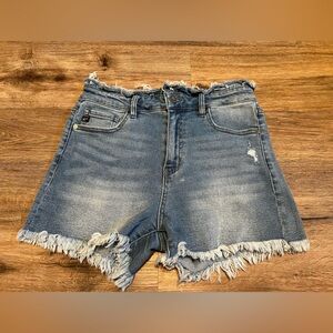 KanCan Ruffled Waist Denim Jean Shorts Raw Hem Distressed Size 11 29 kc7162m